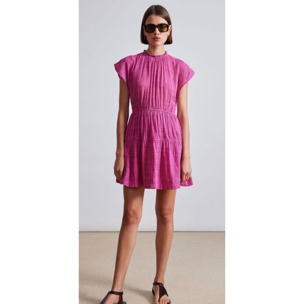Apiece Apart Mini Dress Medium Raspberry Pink Crinkle Cotton Tiered Boho Resort